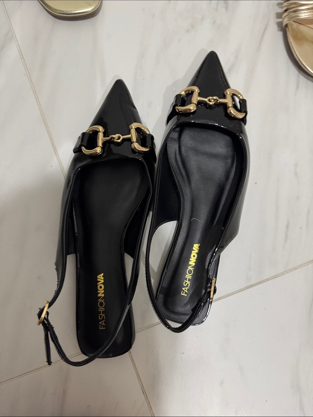 Fashion Nova Black Pointed Slingback Flats with Gold Chain Accent horsebit